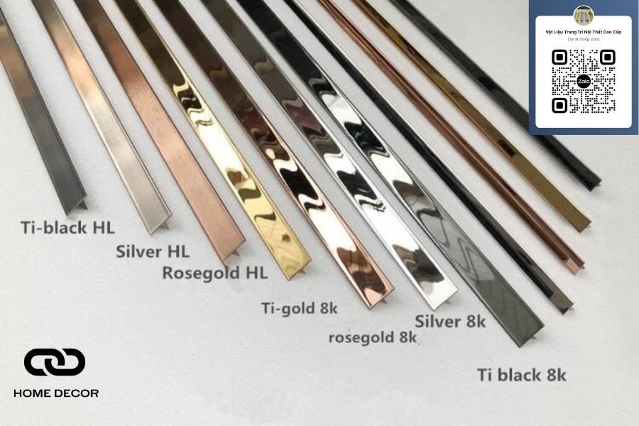 Bộ sưu tập các mẫu nẹp inox với đầy đủ màu sắc PVD và bề mặt gương/xước