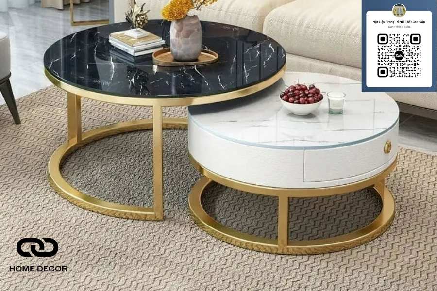hình ảnh bàn trà mặt đá có viền nẹp inox đen xước